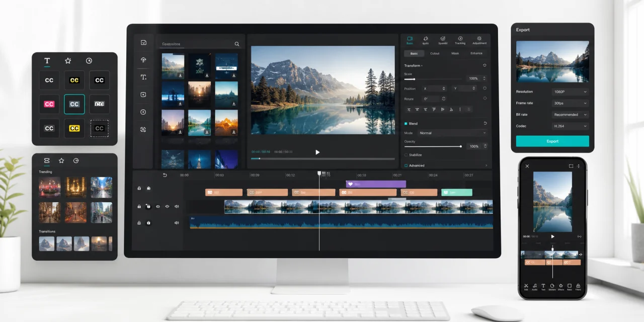 CapCut video editing tutorial workspace with timeline, captions, templates, effects and mobile preview